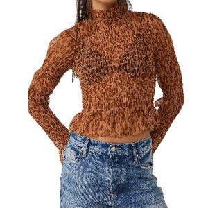 Free People Sheer Smocked Top Leopard Print Long Sleeve